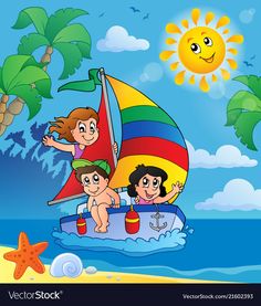 three kids on a sailboat in the ocean with sun and palm trees behind them