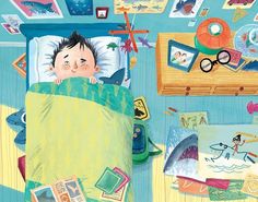 an illustration of a child in bed surrounded by toys