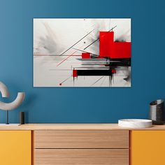 an abstract painting on the wall above a dresser