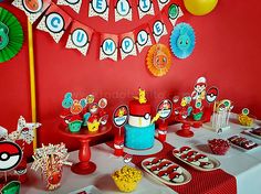 a pokemon birthday party with decorations and desserts