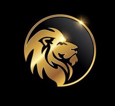 the golden lion logo is shown on a black and gold background with light shining through it