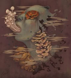 a painting of a woman's head with mushrooms and other things floating in the water