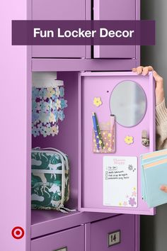 a purple locker with lots of items on it and the words fun locker decor above it