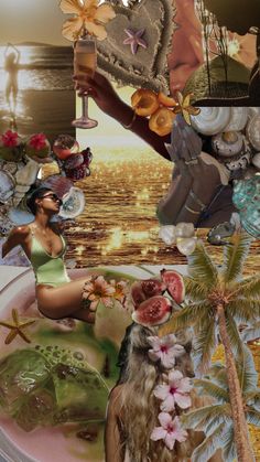 a collage of photos with flowers, palm trees and other items