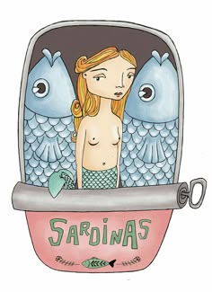 a drawing of a woman with two birds on her head and the words sardina's