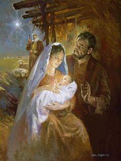 a painting of a man and woman holding a baby in front of a manger scene