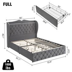 the full size bed frame is shown with measurements