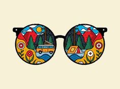 a pair of sunglasses with an image of a camper and trees on them, all in the same color