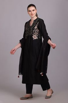 Buy Black Kurta And Dupatta Chanderi Silk Embroidered Sequins Notched Pant Set For Women by Suvastram Online at Aza Fashions. Black Cotton Silk Kurta For Festive Occasions, Black Cotton Silk Kurta For Festivals, Black Bollywood Style Cotton Silk Kurta, Festive Black Slub Silk Traditional Wear, Black Palazzo Set With Mirror Work For Festivals, Designer Wear Black Blouse For Eid, Black Chanderi Palazzo Set For Diwali, Elegant Black Slub Silk Traditional Wear, Bollywood Style Black Cotton Silk Traditional Wear