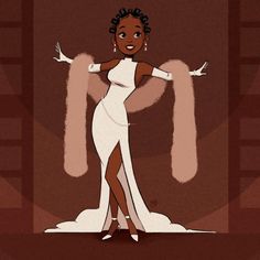 an animated image of a woman in a white dress with her arms spread out and hands outstretched