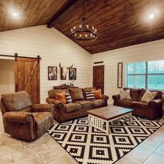 a living room with two couches and a rug on the floor in front of it