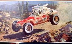 a painting of a red race car in the desert