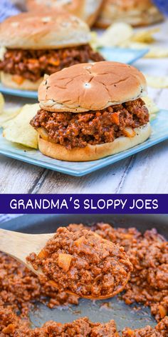 two pictures of sloppy joes on plates with the words grandma's sloppy joes