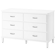 a white dresser with six drawers and two handles on each drawer, in front of a white background