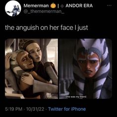 two star wars characters hugging each other with text that reads, the anguish on her face just