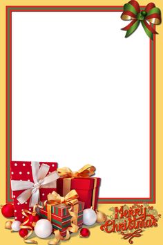 a christmas card with presents, balls and bows on the bottom right corner is an empty space for text