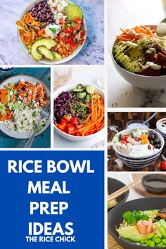 rice bowl meal prepped in four different pictures with the words rice bowl meal prepped in