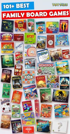 the front cover of 101 + best family board games, with images of children's books