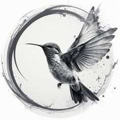 shamanichelp.com, hummingbird in flight digital art black and white, hummingbird is framed by a circle and has white background