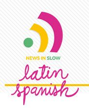 the news in slow latin spanish logo is shown on a white background with pink, yellow and green colors