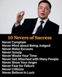 a man in a suit and tie is holding his hand up with the words 10 nevers of success