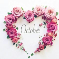 a heart shaped frame with pink roses and the word october written in it's center