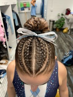 Hairstyles For A Gymnastics Meet, Gymnastics Meet Makeup, Gymnast Competition Hair, Gymnastics Comp Hair, Gymnastics Meet Hair Buns, Braids For Gymnastics, Gymnast Hairstyles For Meets, Hairstyles For Gymnastics Competitions, Braids Gymnastics