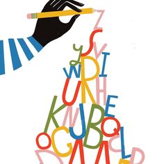 a hand is holding a pencil and writing letters with the word alphabet below it in multicolored font