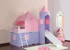 a child's bedroom with a pink and purple castle bed, slide and rug