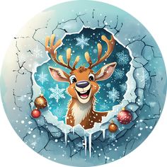 a deer with antlers and christmas balls in the snow behind an icy hole that looks like it has been frozen