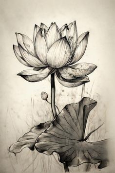 a black and white drawing of a lotus flower with water droplets on it's petals