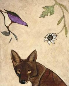 a painting of a fox and a flower