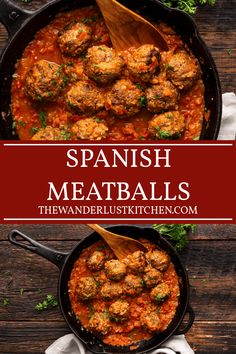 spanish meatballs with tomato sauce and parsley in a skillet on a wooden table