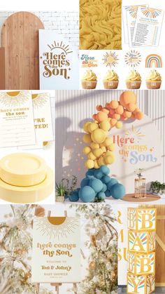 some yellow and blue items are on display in this collage with the words here is sunshine