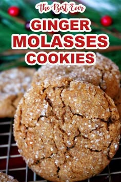 ginger molassses cookies cooling on a rack with christmas decorations in the background and text overlay