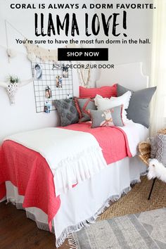 the bedroom is decorated in coral and white with text that reads coral is always a dorm favorite