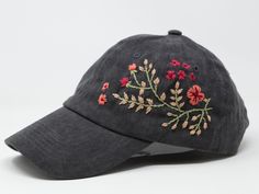 Flower is 100% hand embroidered on a 100% cotton wash baseball cap. Hat is one size fits all with adjustable back strap. Unique cap, one of a kind! I am also open for customization. If you want the item in different colors, please message me, it will take additional 2-3 days of handling time. Free first class shipping, upgradable priority mail service. 30 days return policy, feel confident at your purchase! Black Cap Embroidery, Hand Embroidered Baseball Caps, Embroidered Ball Cap, Embroidered Baseball Hat, Embroidered Hats Baseball Caps, Embroider Hat, Embroidered Hats Ideas, Baseball Cap Embroidery, Crochet Caps