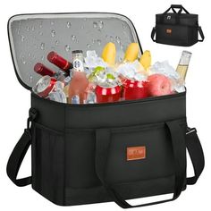 an open cooler bag filled with drinks and fruit on the side, next to it's shoulder strap