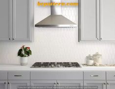 a white kitchen with gray cabinets and a stove top hood over the range in front of a potted plant