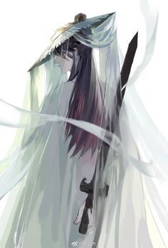 an anime character with long white hair and black eyes, wearing a flowing veil over her head