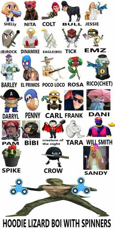 a poster with many different types of cartoon characters on it's back side and the words, hoolie lizard diy with spinners