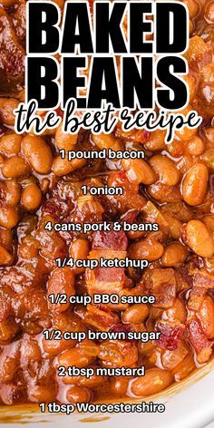 baked beans recipe in a white bowl with the ingredients list below it and instructions for how to bake them