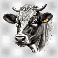 a black and white drawing of a cow's head with a yellow tag on its ear