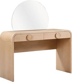 a wooden desk with a round mirror on it's top and two drawers underneath