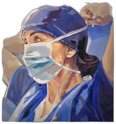 a painting of a nurse wearing a surgical mask and holding her hand up in the air