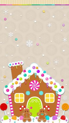 a gingerbread house with candy and candies on the outside, surrounded by snowflakes