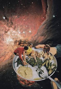 two people sitting on a metal pan with food in front of them and the sky filled with stars