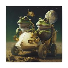 two frogs sitting on top of an object in the middle of the desert, one holding a flag