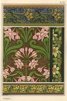 an ornate design with pink flowers and green leaves on a brown background, in the style of art nouveau