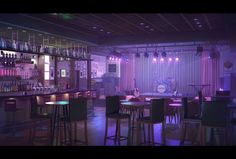 a dimly lit bar with stools and barstools in front of purple lights